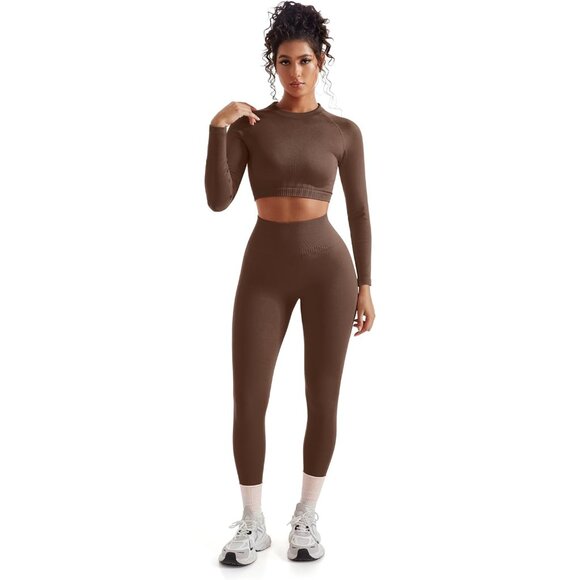 Women's Brown 2 Piece Workout Sets Hidden Scrunch Hip Lifting Seamless Yoga Crop - Picture 2 of 7
